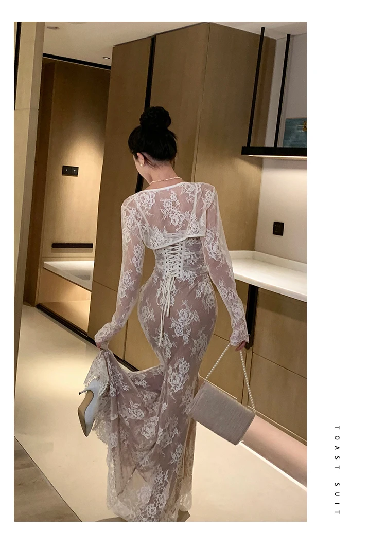 Sexy Bodycon Lace Long Dresses for Women Wedding Party Dress Spaghetti Strap with Smock French Vintage Evening Maxi Vestidos New