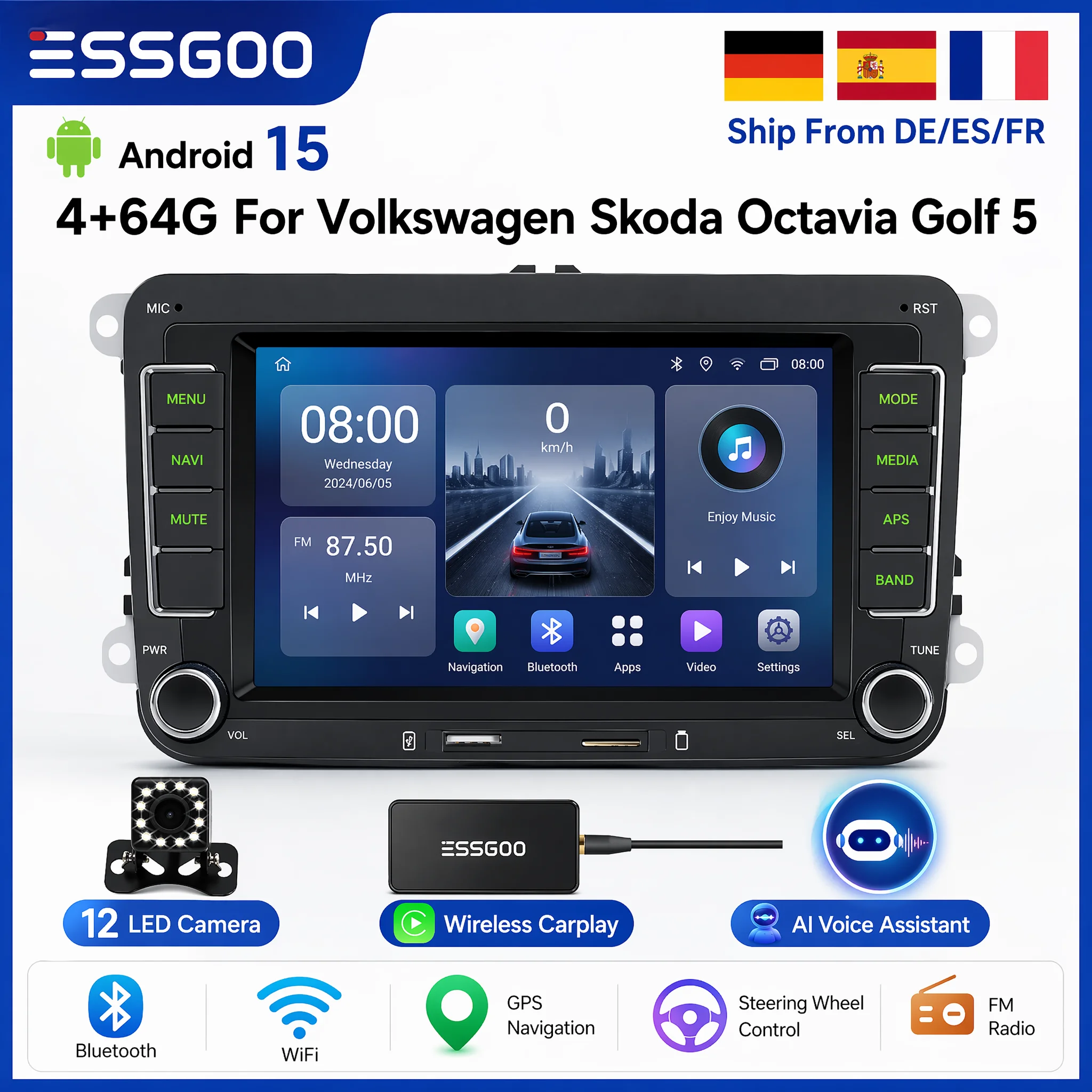 ESSGOO Android 15 CarPlay Inalámbrico 4G 64G para Volkswagen Passat b6 b7 Golf 5 6 Polo Jetta Skoda, Radio para Auto, Reproductor Multimedia, GPS, WiFi, RDS, Carplay 1