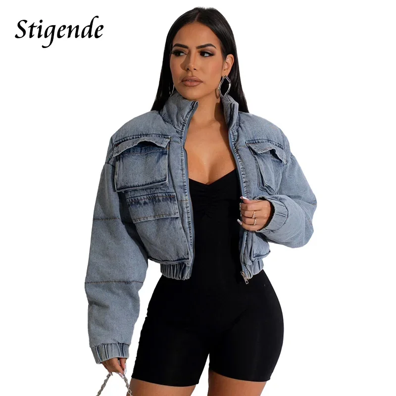 

Stigende Loose Fit Denim Cargo Jacket Women Stretch Quilted Padded Cotton Parka Outwear Elastic Waist Zipper Pocket Jeans Coats