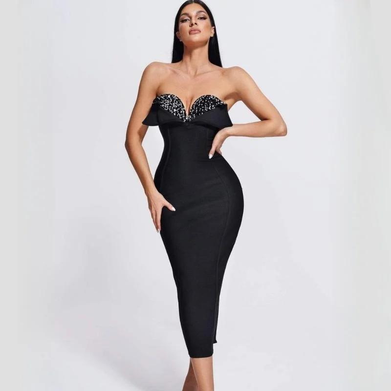 

High Quality Shining Sequins Sexy V-Neck Strapless Package Hips Black Mid Calf Bandage Dress Fashion's Sexy Woman Party Outfit