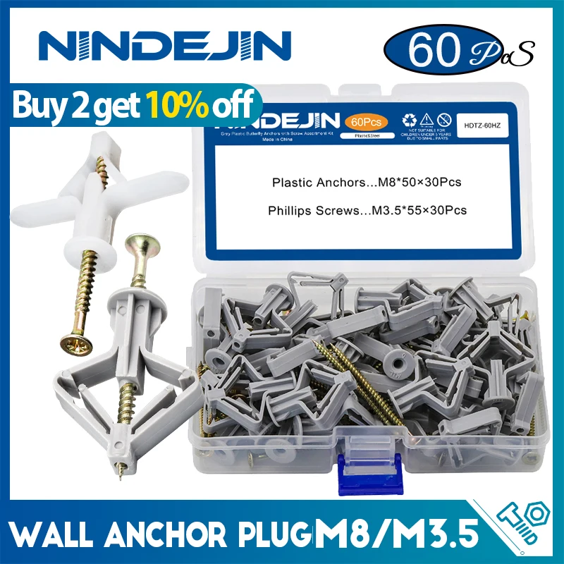 NINDEJIN60pcssetDrywallAnchorkitHollowWallAnchorswithScrews