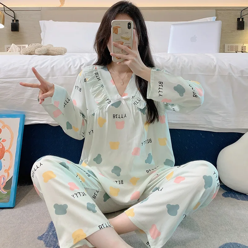 Sweet and Wearable V-neck Nightgown Long Sleeve Trousers Two-piece Set Thin Print Cotton Silk Pajamas  Home Clothing for Women