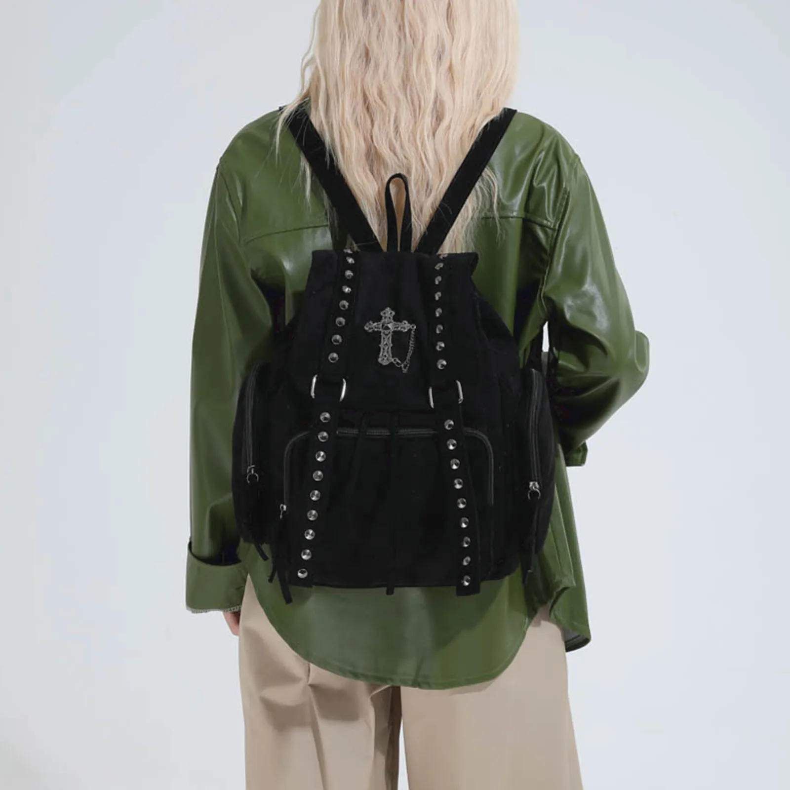 Gothic Punk School Backpack Drawstring Rivets Backpacks Commuter Bags with Cross Stud Design for Casual Travel and Daily Use