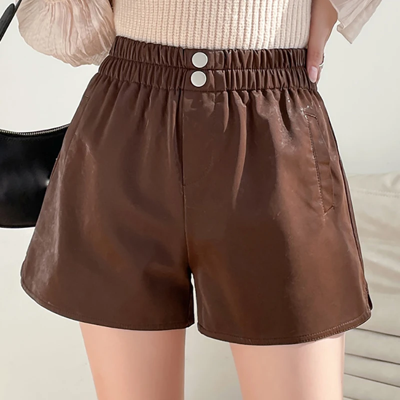 PU Leather Shorts Women 2021 Autumn Winter Solid Short Feminino Casual Elastic Waist Office Lady Fashion A-line Shorts Female plus size womens clothing Shorts