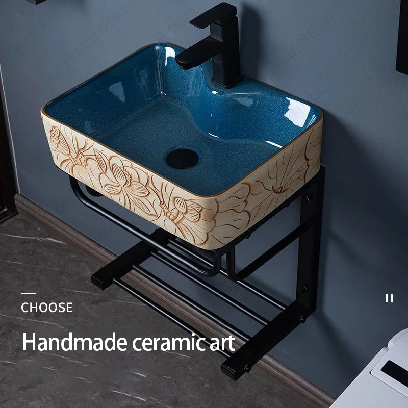 Ceramic Vessel Sink Wall-hang Lotus Pattern Sink With Stainless Steel Stand For Bathroom Balcony Wall Mounted Sink Wash Basin 3