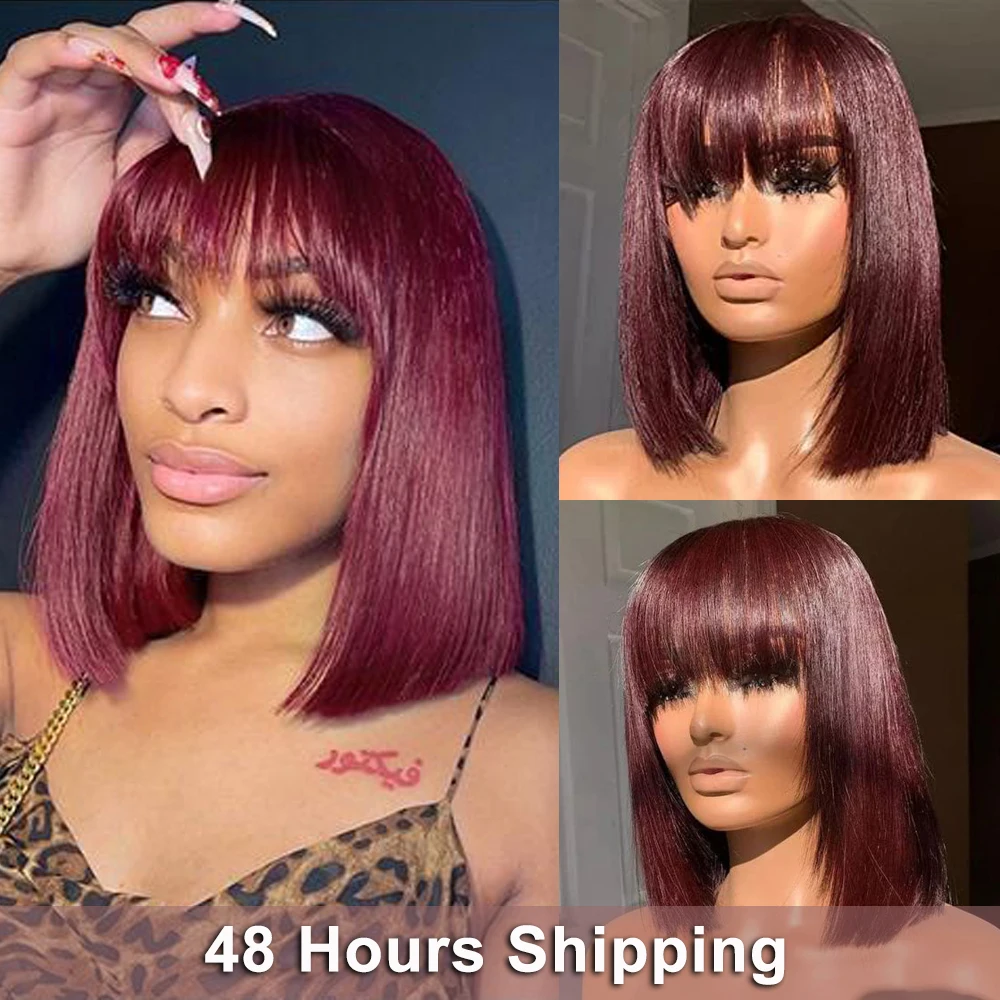 

99J Colored Straight Bob Human Hair Wig With Bangs 180% Density Short Bob Wig With Bang Burgundy Full Machine Made Wig For Women