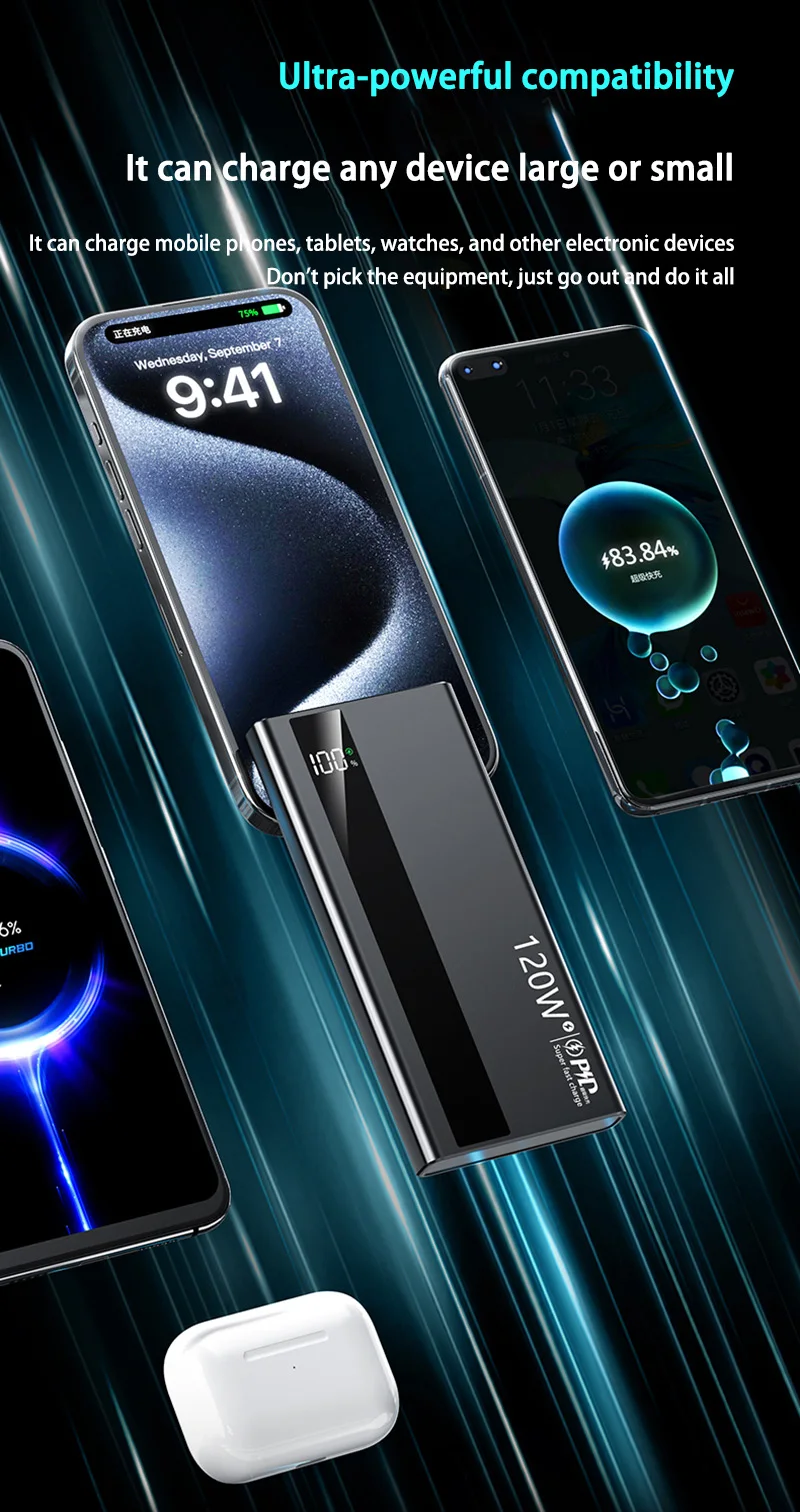 Banca di alimentazione a ricarica super veloce da 120 W 200000 Power Bank portatile di capacità ultragrande mAh con display digitale a LED per Samsung Xiaomi - immagine 3
