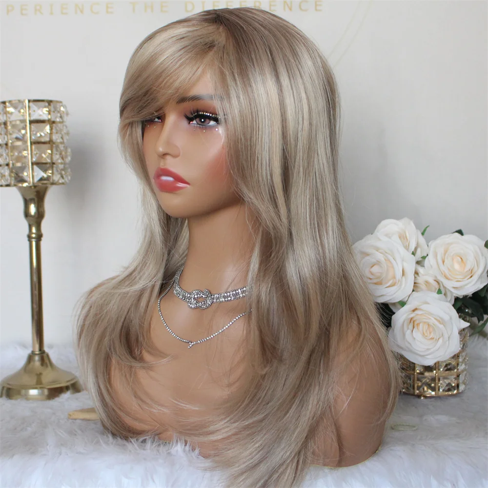 Highlight Brown Lace Wig with Bangs Synthetic Wigs for Women 16inches Natural Straight Machine Made Wig Daily Use