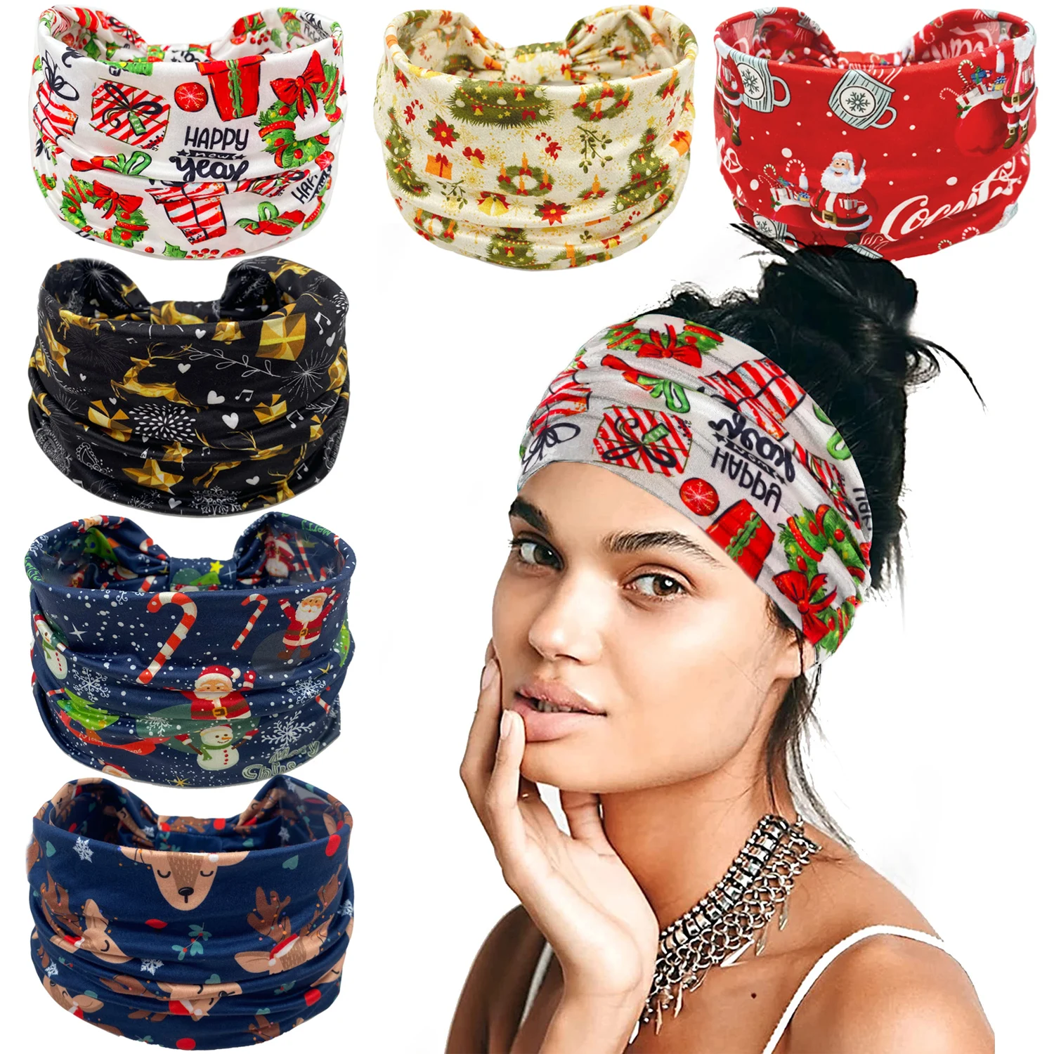 Christmas Headband Stretch Knotted Headwraps Bandana Non Slip Elastic Snowman Head Bands Workout Yoga Sweatband Hair Accessories