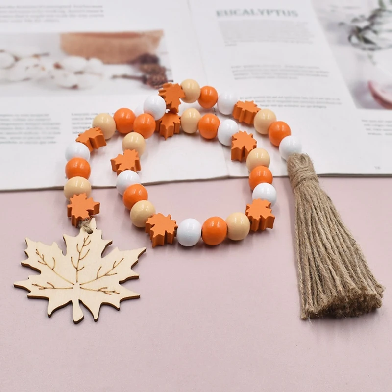 

Rope Tassels Beaded Maple Leaves Pendent Ornament Wooden Beads And Twine DIY Home Decoration Pendant