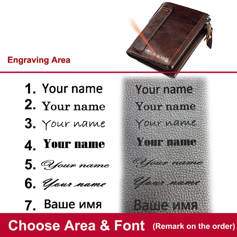 Genuine Leather Short Men RFID Wallets Name Engraving Leather Card Holder Brand Men Purse Retro Coin Pocket Zipper Male Wallet 3
