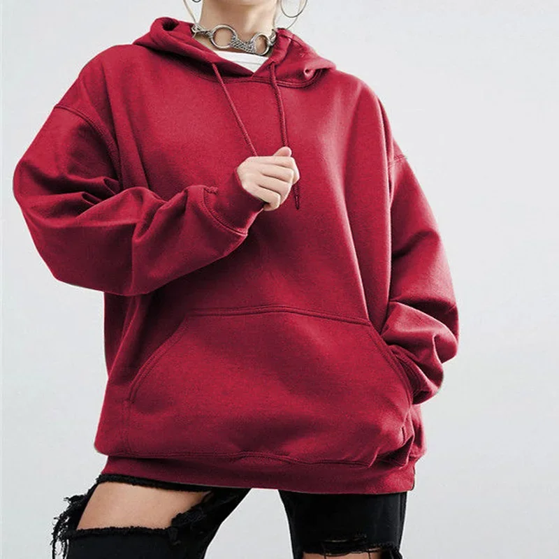 Women Cotton Long Sleeve Pullover Hooded Pocket Solid Sweatshirt Fashion Casual Spring Fall Winter Hoodies Classic Tops Simple