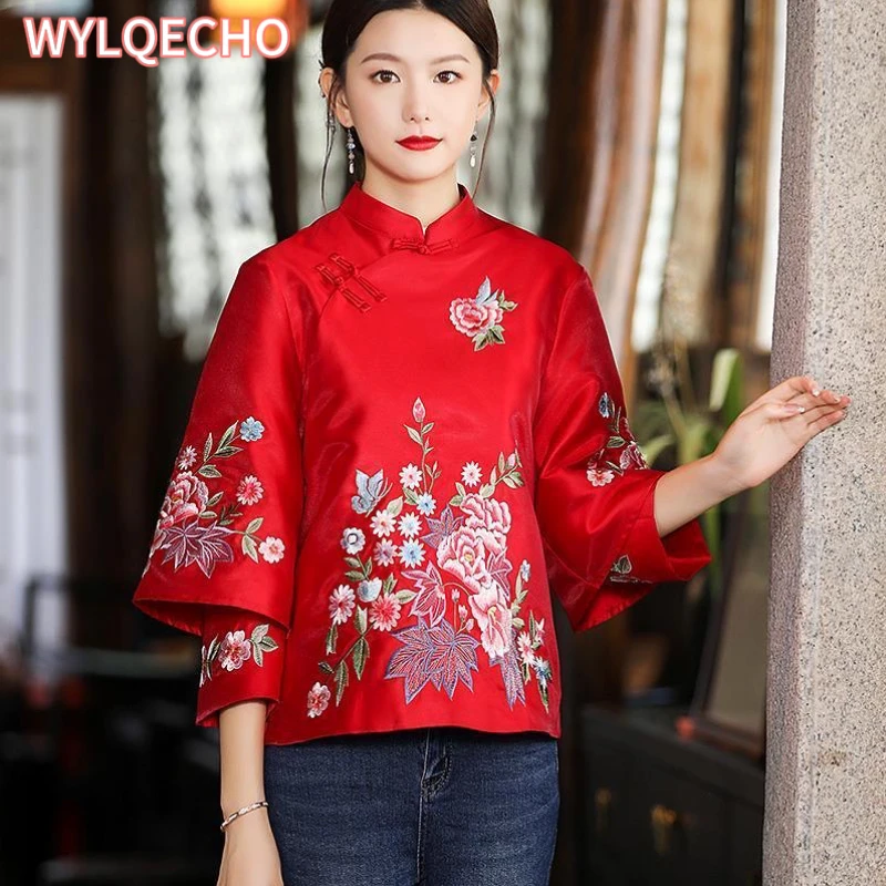 Autumn Ethnic Style Tang Suit Coat Vintage Harajuku Embroidery Chinese Tops Women Large Size Blouse Elegant Loose Female Shirt