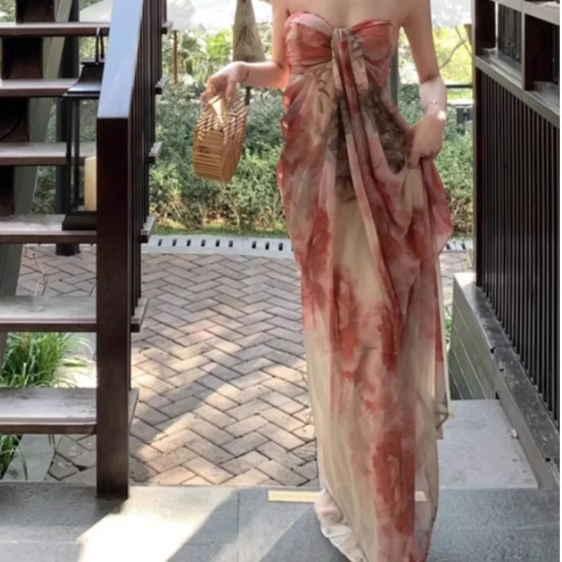 

French Minority Design Tie-Dyed Printed Dress Seaside Vacation Strap Tube Top Dress