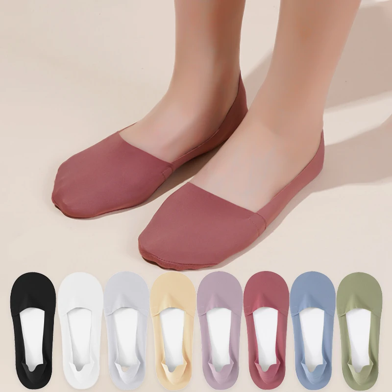 

4 Pairs Cotton Bottom Women Summer Thin Boat Sock Slippers Silicone Antiskid Ice Silk Shallow Mouth Socks Seamless Invisible