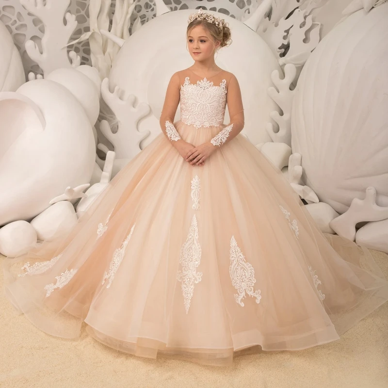 

Flower Girl Dresses Champagne Tulle Puffy White Flory Pattern Long Sleeve For Wedding Birthday Party Banquet Princess Gowns