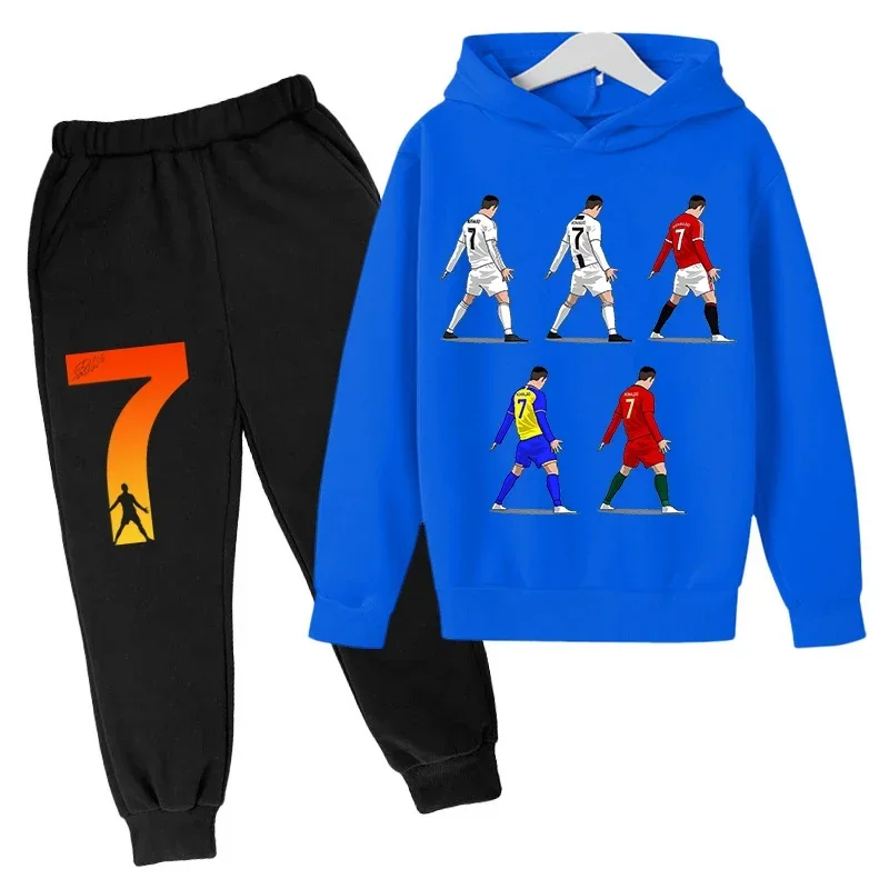 thumbnail image 1 of Conjunto de sudadera con capucha de primavera de Ronaldo, conjunto de 2 piezas de sudadera y pantalones azules informales para niños, ropa deportiva informal, chándal para niños, 1 of 5