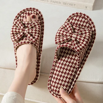 Hemp Gingham Women's Slippers House Flats Trend Spring Summer Luxury Designer Shoes Girls Retro Indoor Slides Soft Sole Open Toe