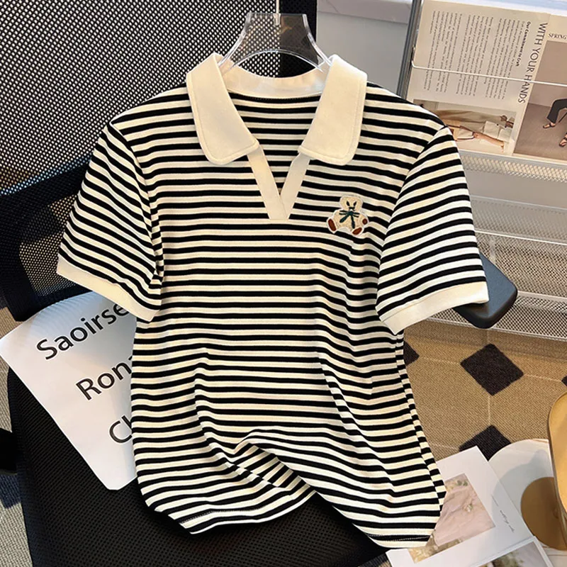 

Summer Women Sweaters Summer tops Stripe Polo collar Short sleeve Jumper Sweater Casual Knitted Pullover Thin section 2023