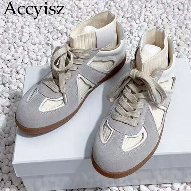 

Unisex Mixed Color Patchwork Hallow Outs Casual Shoes Lace Up Breathable Flat Sneakers Spring Thick Bottom Stretch Socks Shoes