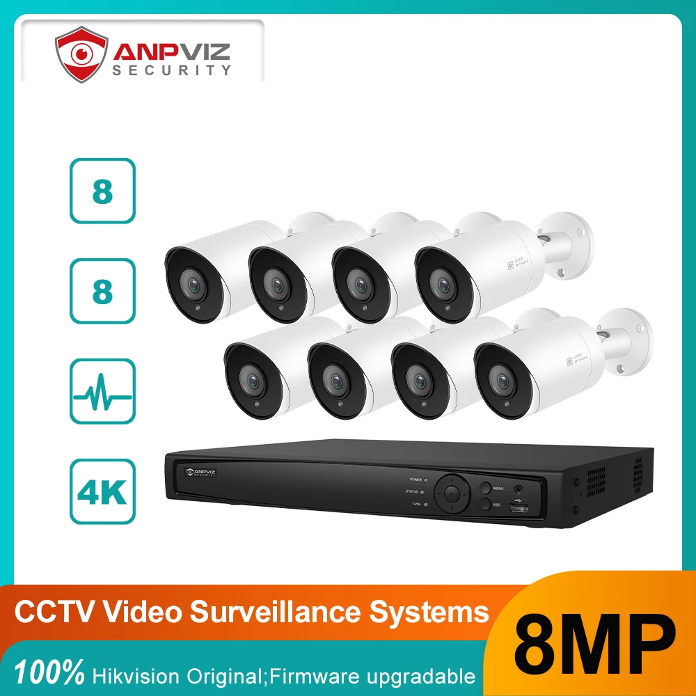 Anpviz 8CH 4K NVR 8MP Bullet POE IP Camera Kit Home/Outdoor Security systems CCTV Video Surveillance NVR Kits