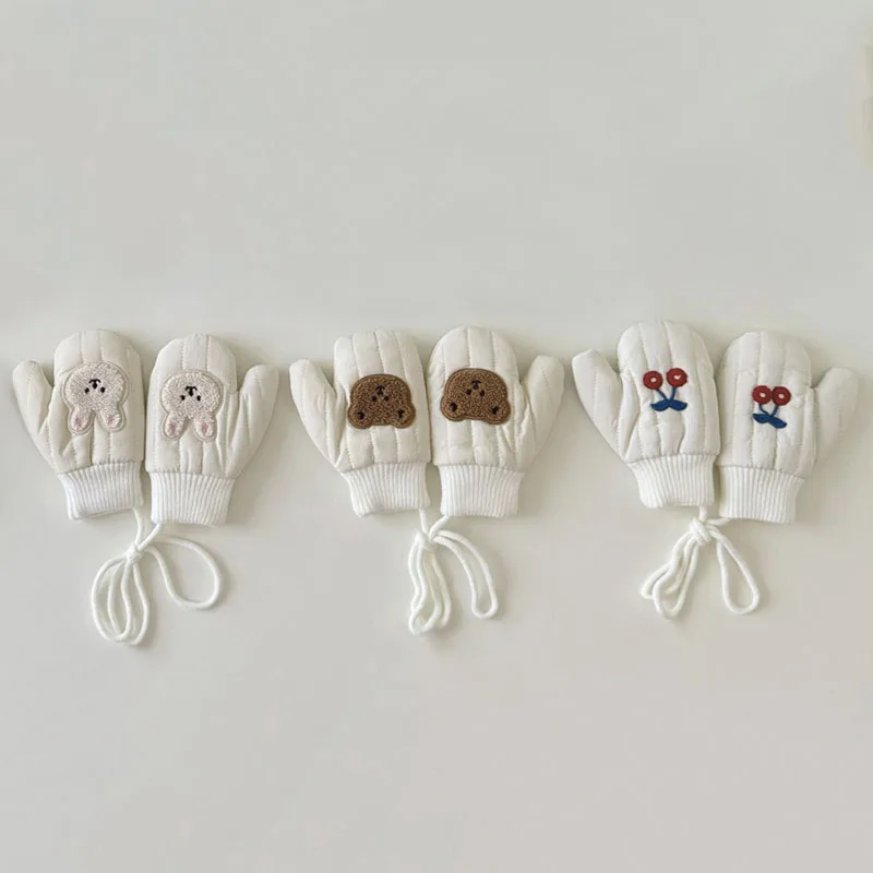 Korean Thick Cartoon Bear Hanging Neck Gloves Baby Winter Fingerless Gloves Cute Bunny Plush Warmer Mittens Boy Girl Kids Gifts
