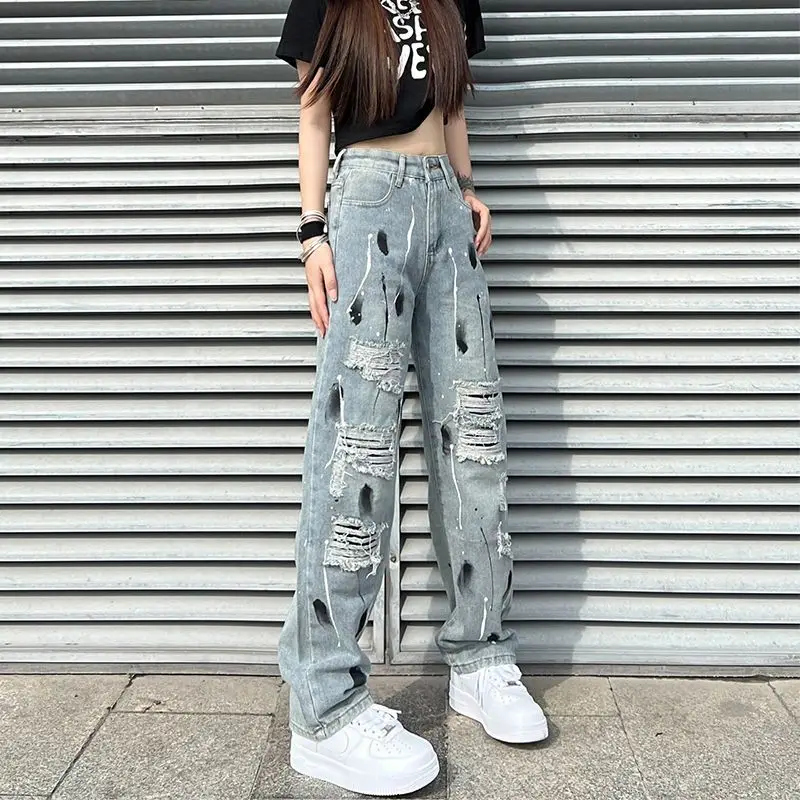 Korean Splatted Ink Torn Wash Jeans Button High Waist Trendy Versatile Loose Straight Leg Wide Leg Casual Pantalones De Mujer