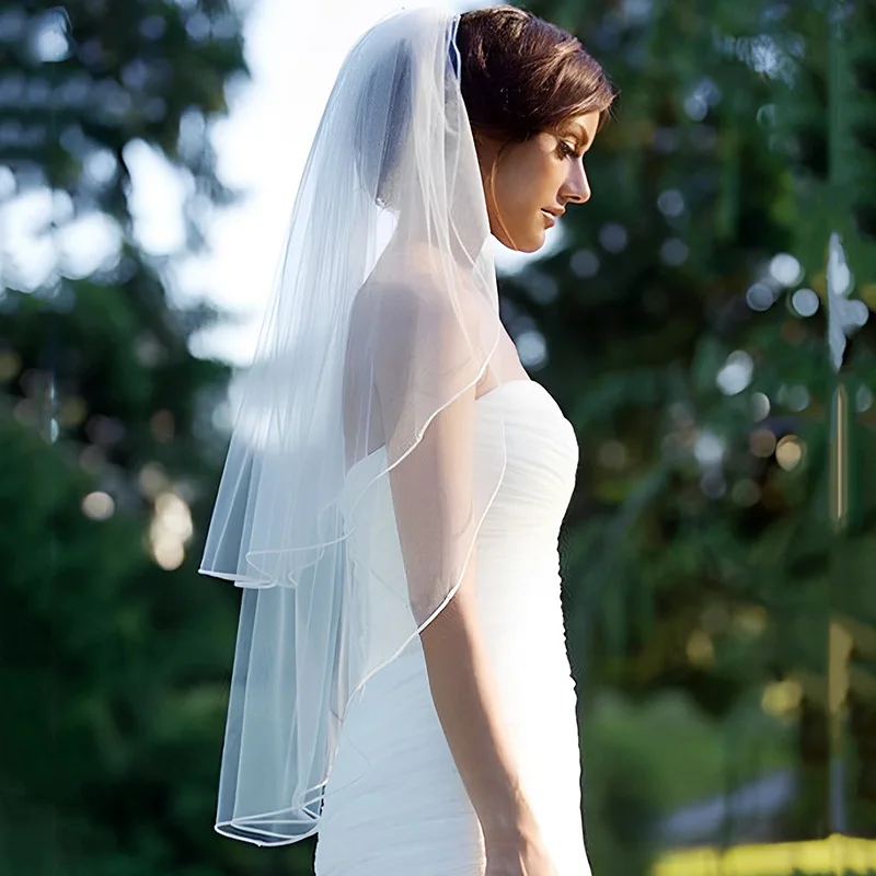 Элегантная свадебная фата V762, двухслойная Тюлевая белая лента, Фата для невесты, женский головной Убор