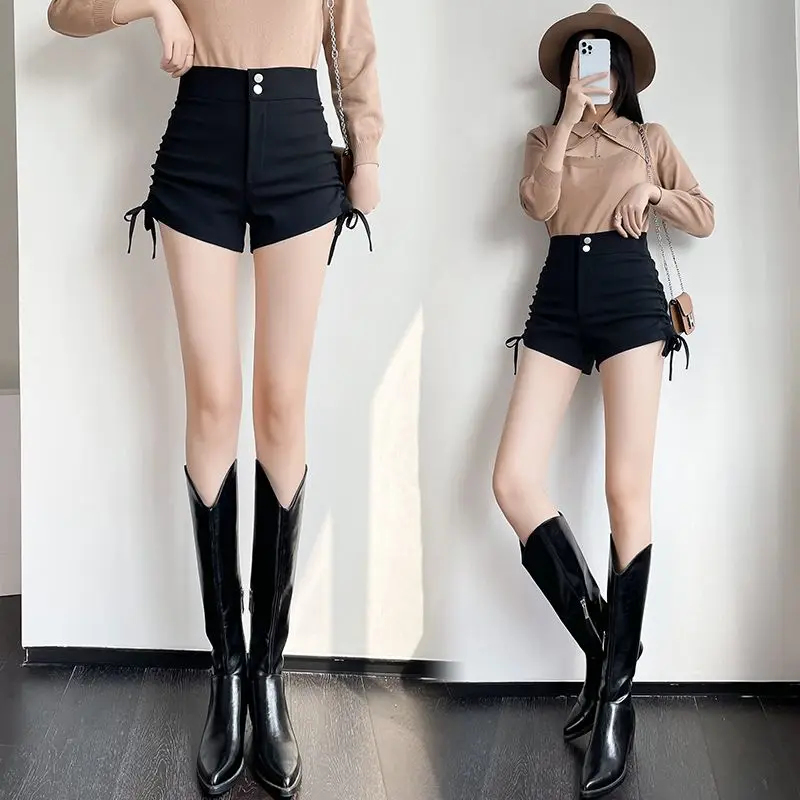 Summer New Black Drawstring A-line Wide Leg Shorts High Waist Solid Slim All-match Hot Pants Fashion Sexy Y2K Women Clothing