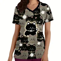 Clinical Uniform Woman Cute Cat Cartoon Print Fashion Microelastic Short Sleeve Scrubs Woman Casual V-Neck Vet Medical Clothes