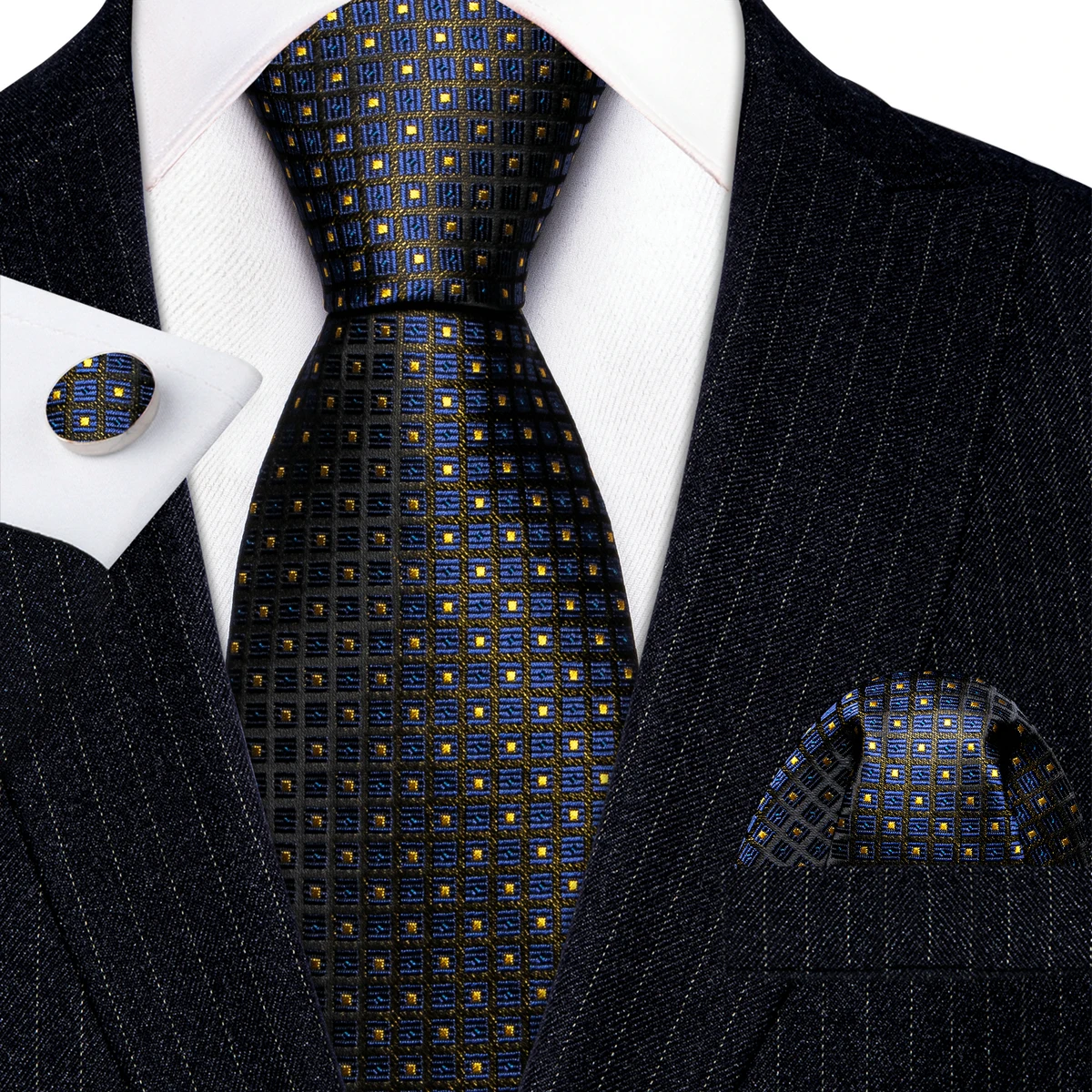 

Luxury Mens Ties Set Blue Gold Black Plaid Silk Neck Tie Pocket Square Cufflinks Set Wedding Business Gift Barry·Wang 6090