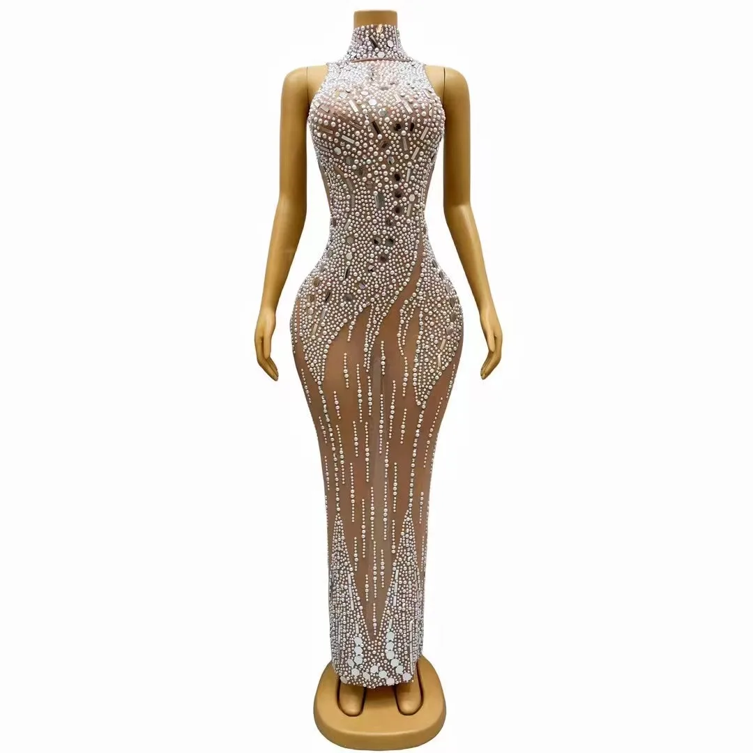 

Sexy Silver Mirrors Rhinestones Pearlsvening Celebrate Dress Dance PerformanceOutfit Birthday Stretchy Photoshoot Costume