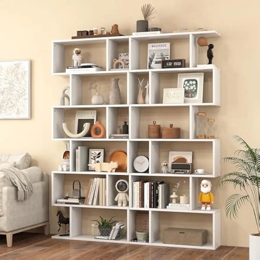 6 Tier Geometric Bookcase, S Shaped Bookshelf, Book Shelf Room Divider, Wood Freestanding Display Shelves, 75 Inch Staggered