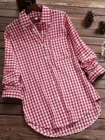 Plus Size Plaid Women's Cotton Linen Long Sleeves Roll Up Striped Casual V Neck Button Down Shirts Blouses Collar Tunic Tops - Image 5