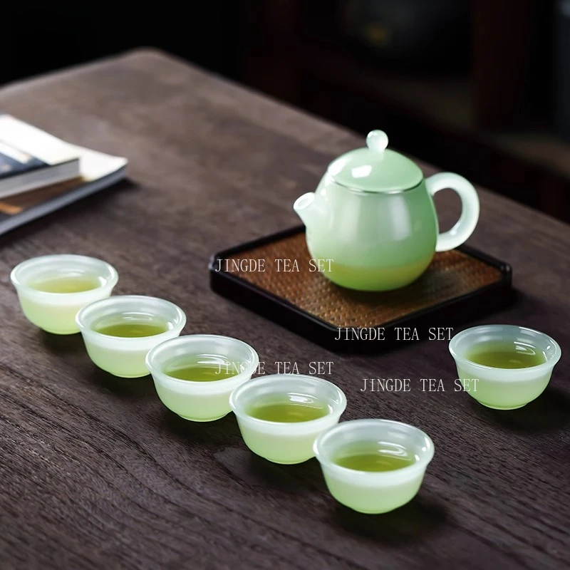 6pcs Celadon Jade Porcelain Teacup Household High-end Tea Cup Set Chinese Style Glass Hospitality Cup Drinking Utensils Tea Set