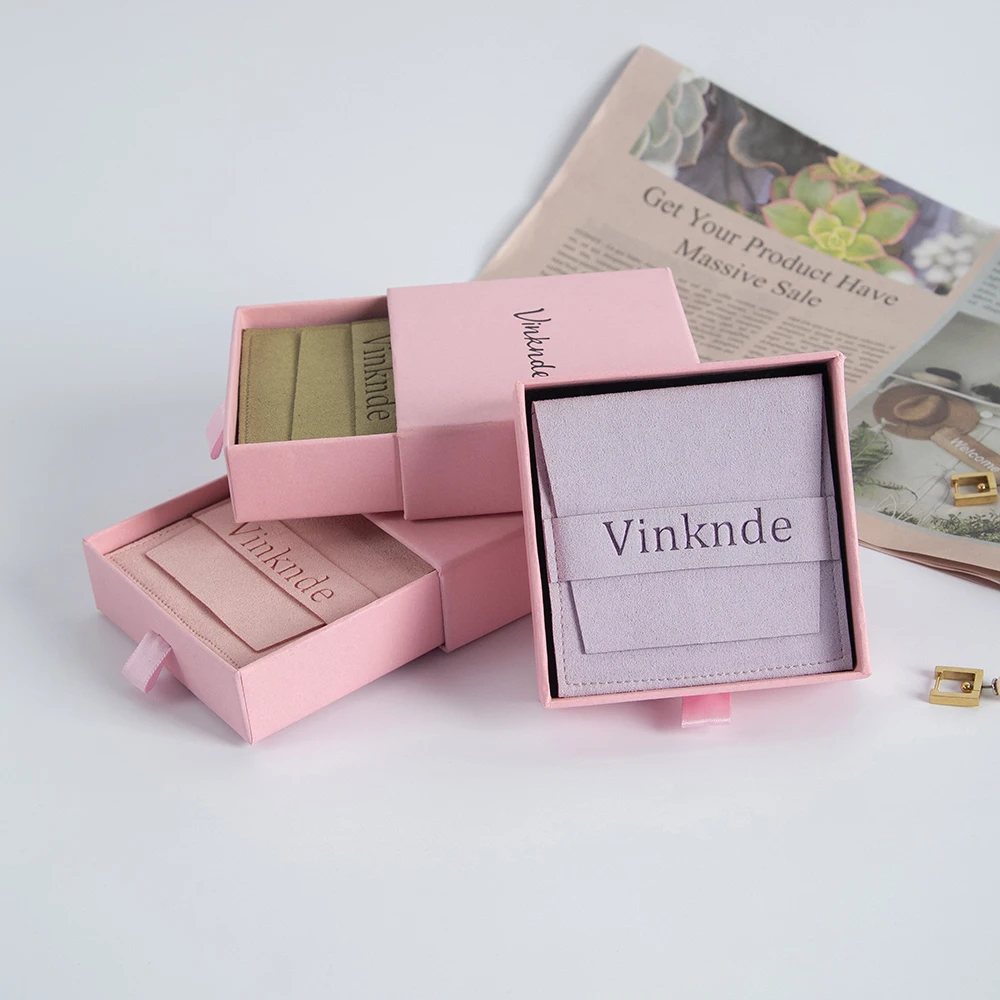 Custom Logo 7x7x1.7cm Pink Drawer Jewelry Gift Boxes for Necklace Rings Packaging Organizer Suede Microfiber Dust Bags Pouches