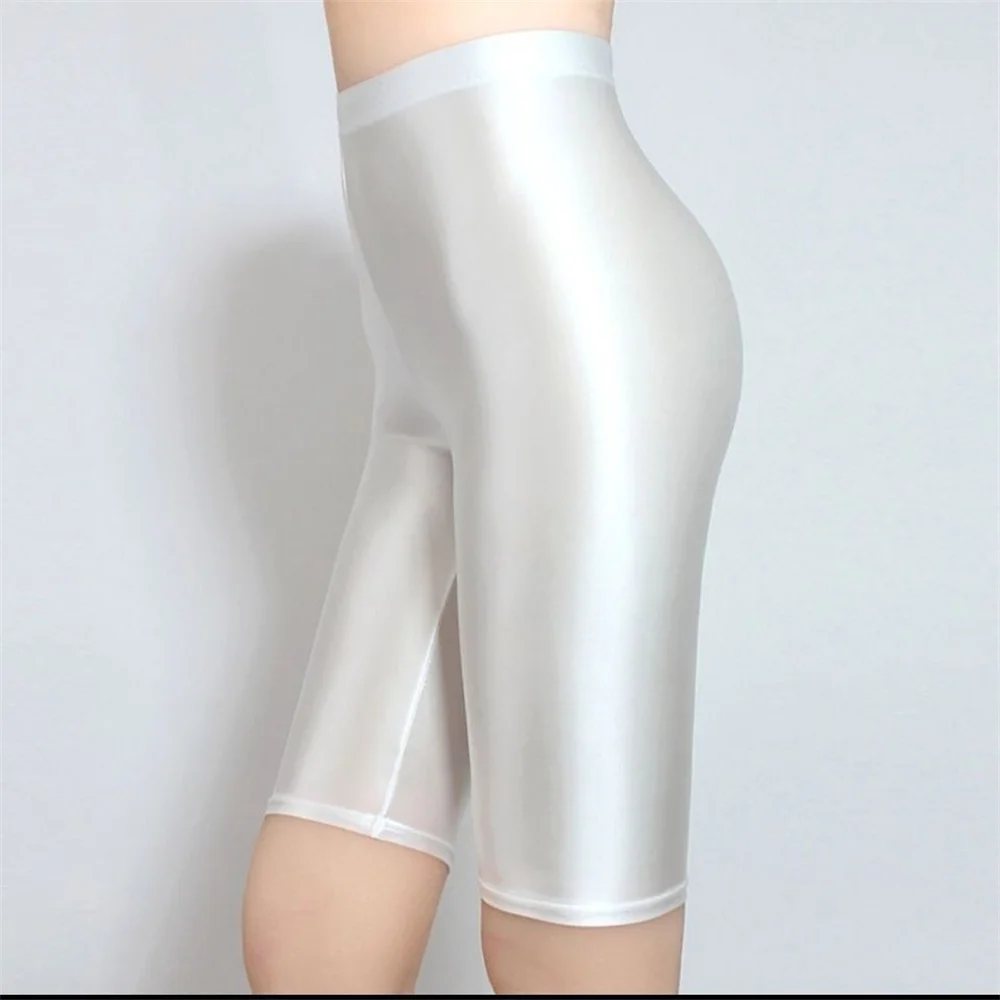 Glitzernde, glänzende, dehnbare, metallische, kurze Leggings, silberfarbene Basic-Leggings mit hoher Taille für Damen, Capri-Yoga-Fahrrad – Detail 6