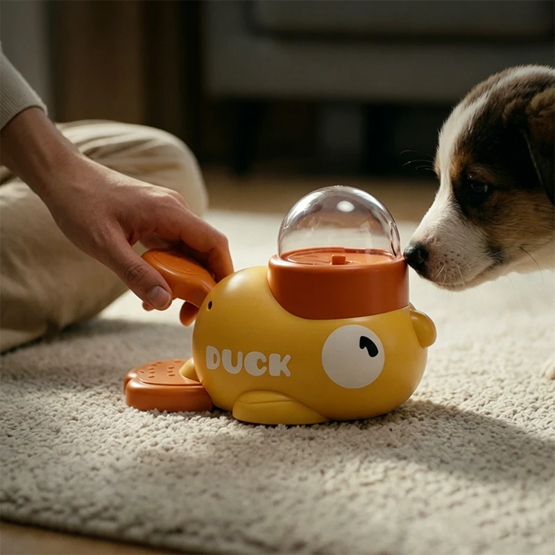 2-in-1 Interaktives Hundespielzeug mit Automatischem Futter- und Leckerli-Spender im Cartoon-Enten-Design für Langsames Fressen und Hundetraining