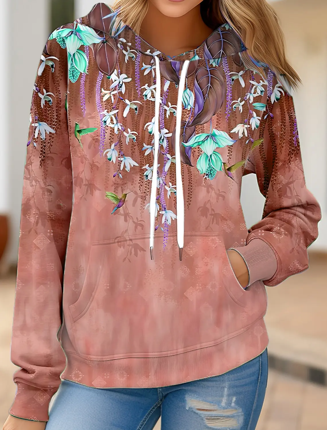 

Women's Hoodie Sweatshirt Pullover Hoodie Sweatshirt Pullover Active Vintage Streetwear Drawstring Front Pocket Flower 3D Print