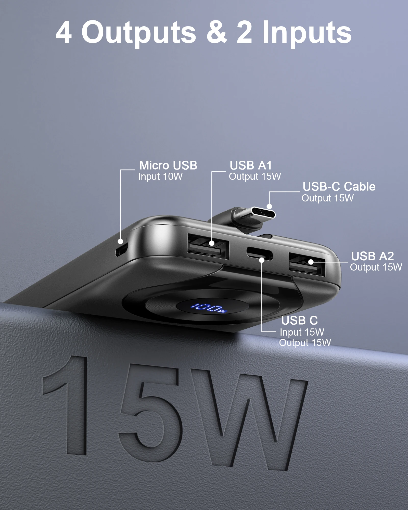 Portable Charger 10000mAh, Power Bank High-Speed Charging with Built in Cable 5V/3A Slim Battery Pack, USB-C in&Out Powerbank. 2