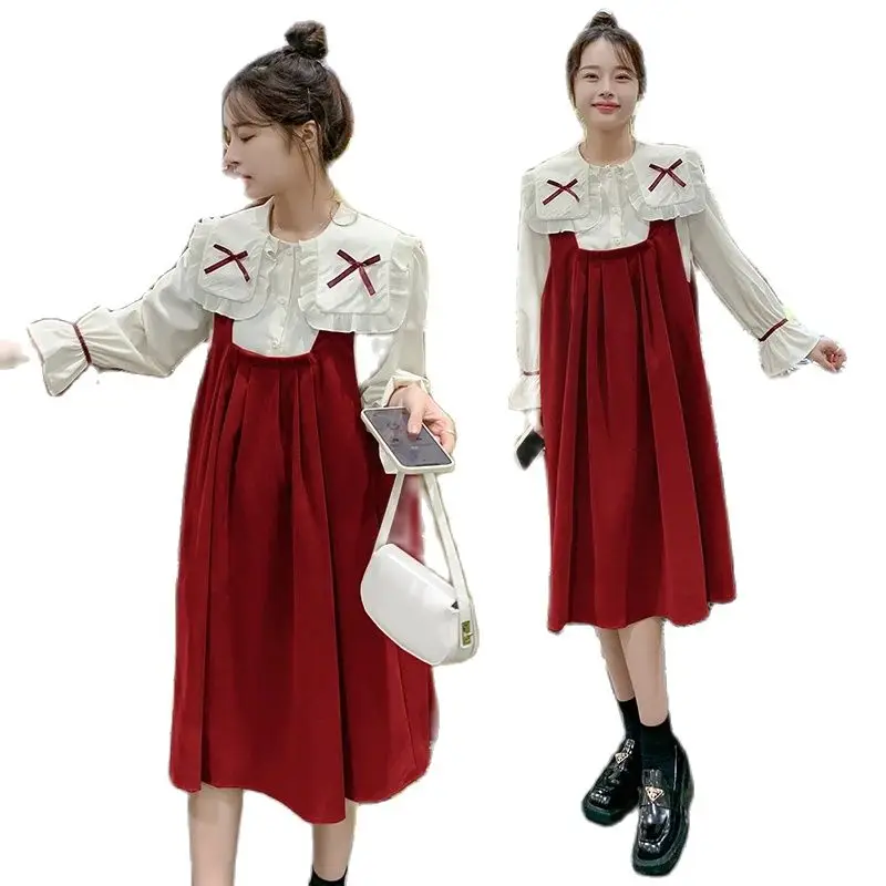

Sweet Pregnant Woman Dress Suits Sweet Large Peter Pan Collar Long Flare Sleeve White Top+corduroy Strap Dress Women Clothes Set