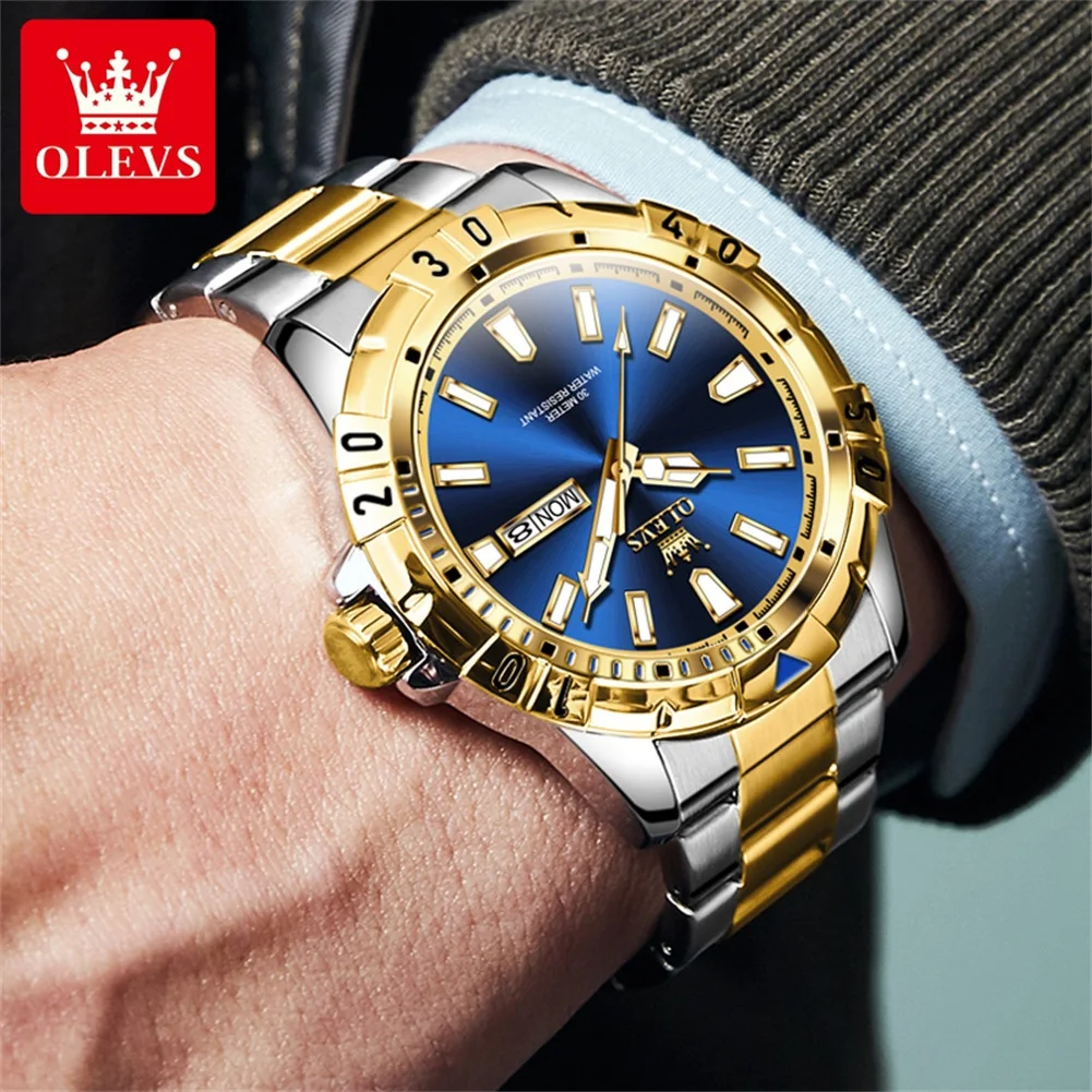 OLEVS Brand Fashion Blue Quartz Watch for Men Stainless Steel Waterproof Luminous Week Date Sports Men Watches Relogio Masculino