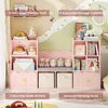 Kids Bookshelf with Reading Nook, Kids Bookcase, 2 Wheels Drawers and 8 Storage Cubbies, Toy Storage Organizer 4