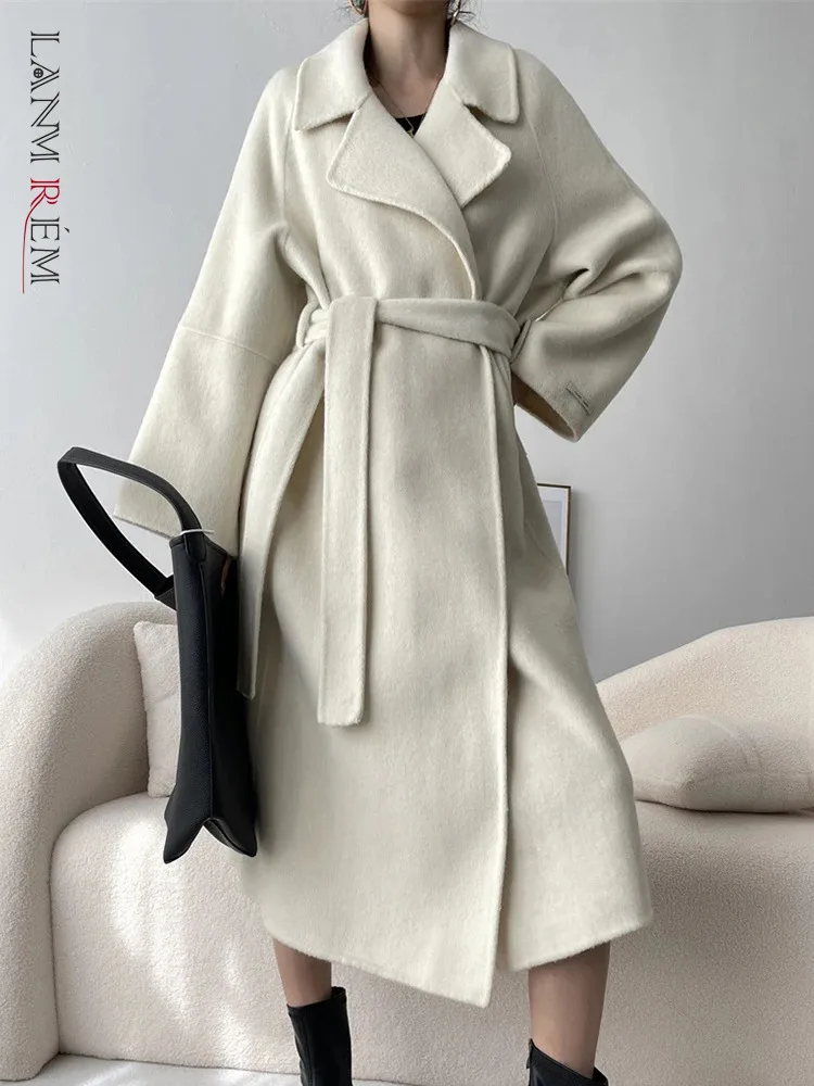 

[LANMREM] High End 100% Wool Coats For Women Lace-up Gathered Waist Elegant Warm Outwear Female Fashion 2023 Winter New 26D7241