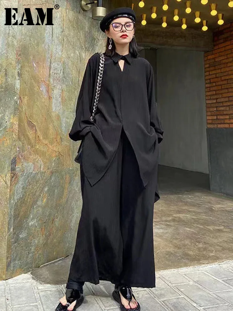 

[EAM] Big Size Hollow Out Shirt Wide Leg Pants Two Piece Suit New Lapel Long Sleeve Women Fashion Tide Spring Autumn 2024