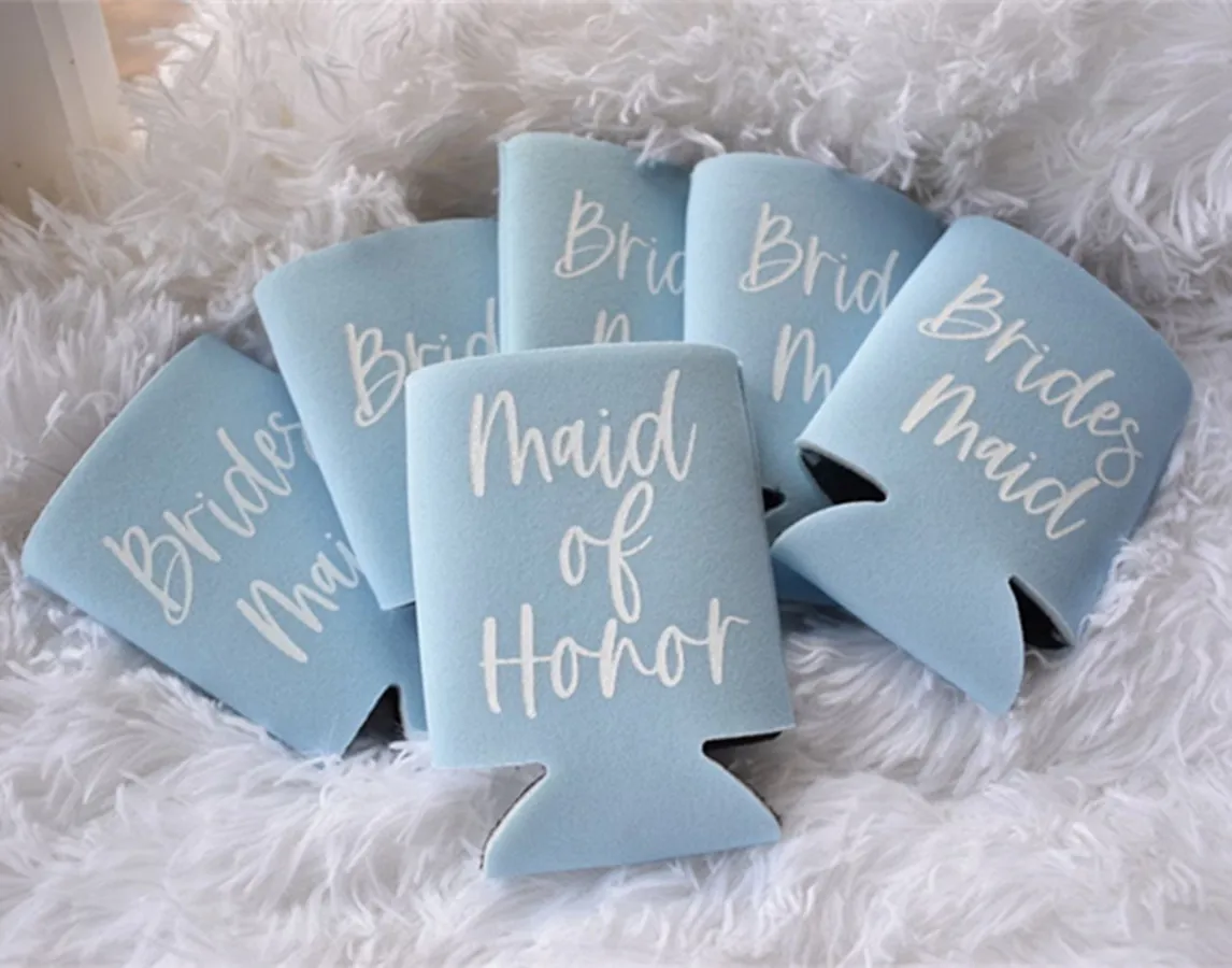 

Dusty Blue Bridesmaid Proposal Can Cooler, Bridesmaid, Maid or Matron of Honor Beer Hugger, Bridal Party Stubby Holder, Wedding
