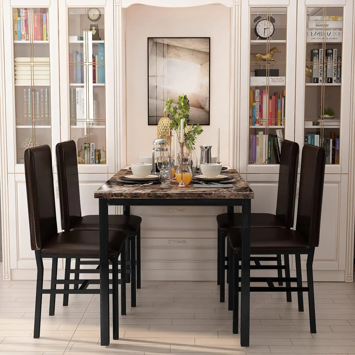 NEW5 Piece Dining Table Set for 4,Faux Marble Kitchen Table and Chairs for 4, Dining Room Table Set with Chairs, Brown 4