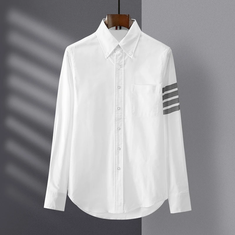 

Рубашка из ткани Оксфорд с длинными рукавами и пуговицами, Корейская классическая белая полосатая блузка с 4 отверстиями, высококачественные повседневные деловые мужские рубашки