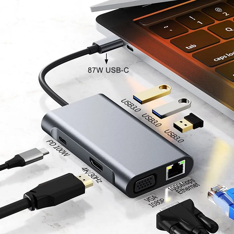 

7 in 1 1000M RJ45 4K HDMI-Compatible HDTV VGA Docking Station USB Hub Type C 3.0 Concentrator Adapter Splitter USBC Dock