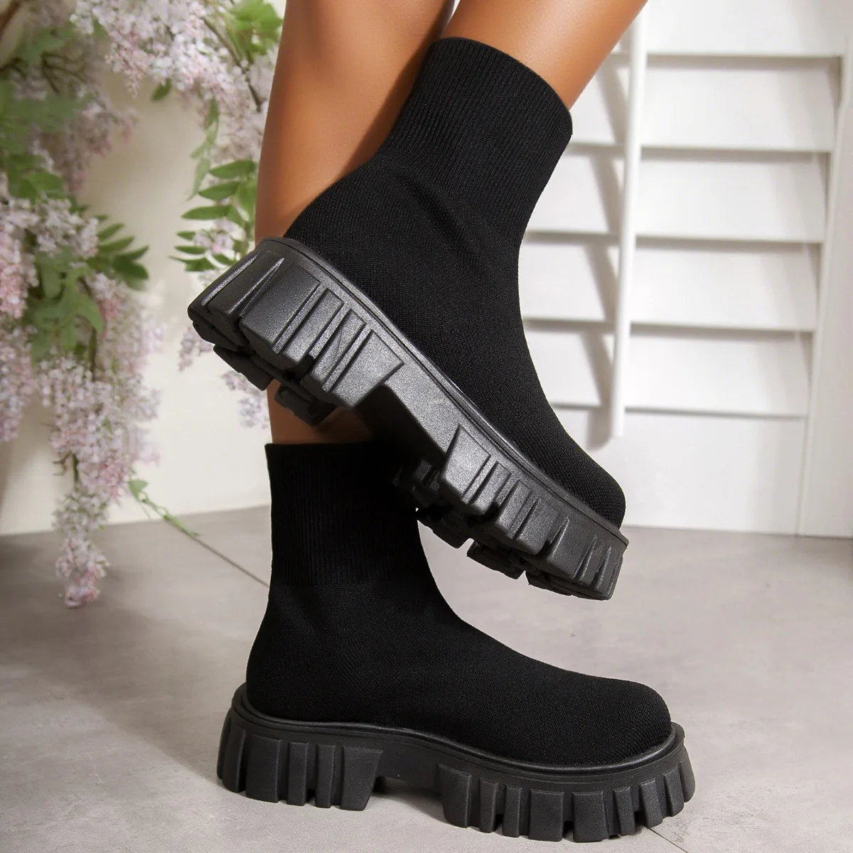 Knit Breathable Ankle Boots Autumn 2025 New Round Toe Sleeve Platform Non-Slip Wear-Resistant Block Heel Booties